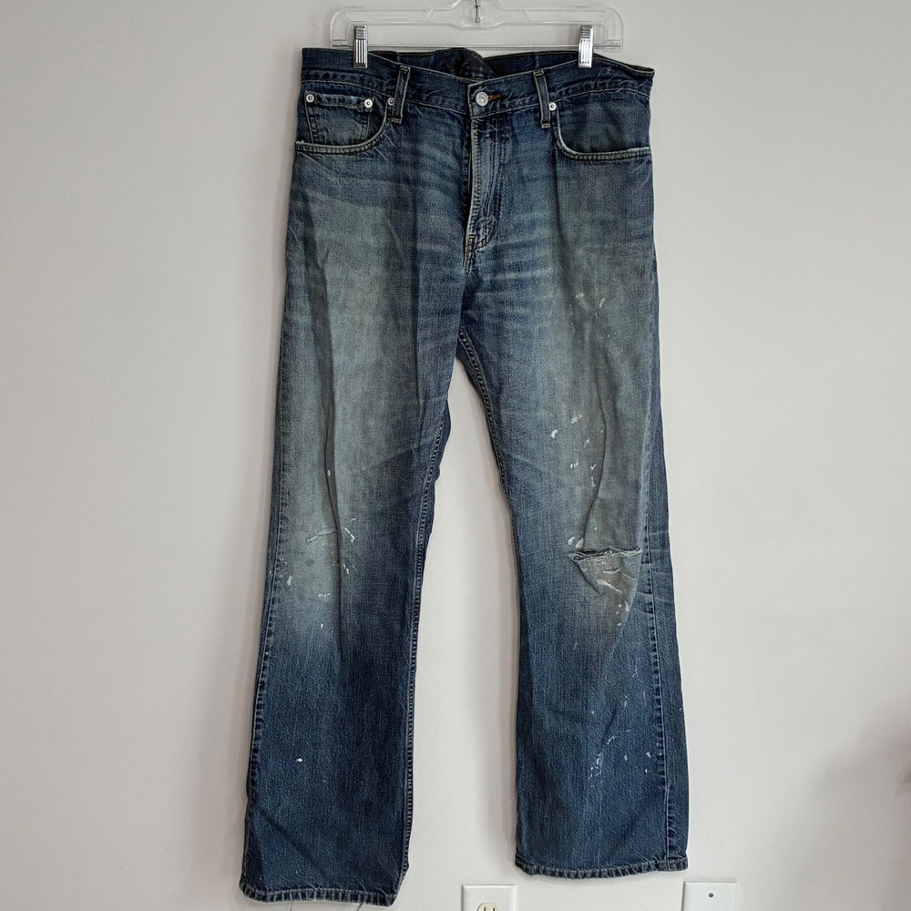 Levis 527 Low Boot Cut Jeans Mens 34x32 Distressed Blue Paint Splatter Denim Y2K